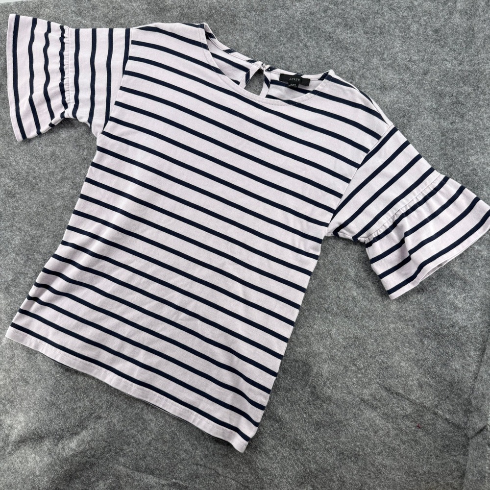 J.Crew‎ Striped Ruffle Sleeve Top Womens XXS Navy White Keyhole Back Casual